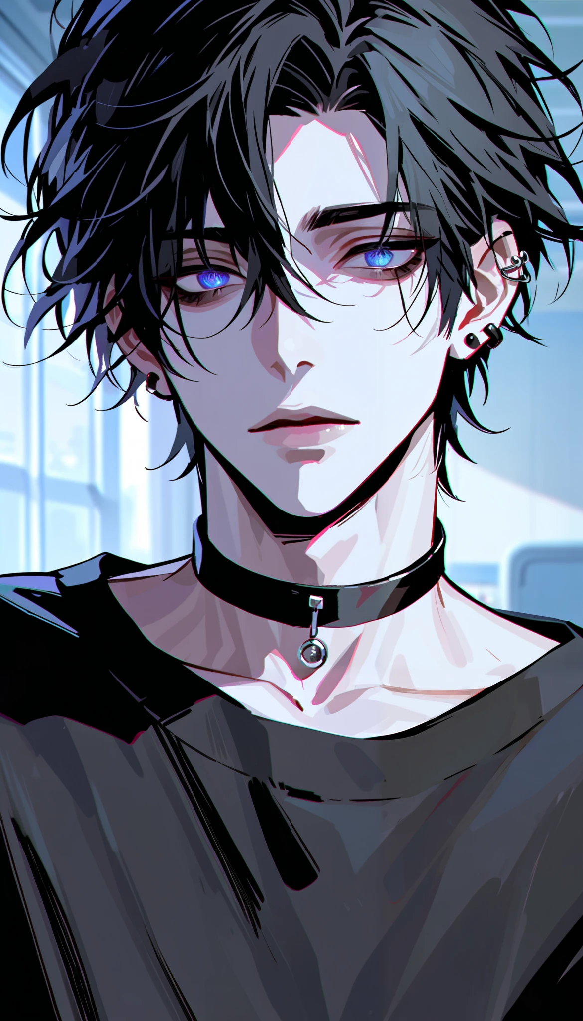 impasto, short hair, masterpiece, best quality, 1 man , black hair , messy hair, perfect face , black eye , handsome male , Alone, pale skin , adult male , upper body , delicate line drawing, Extremely detailed, black choker, black shirt, ear piercings, ((hospital room background, detailed eyes))