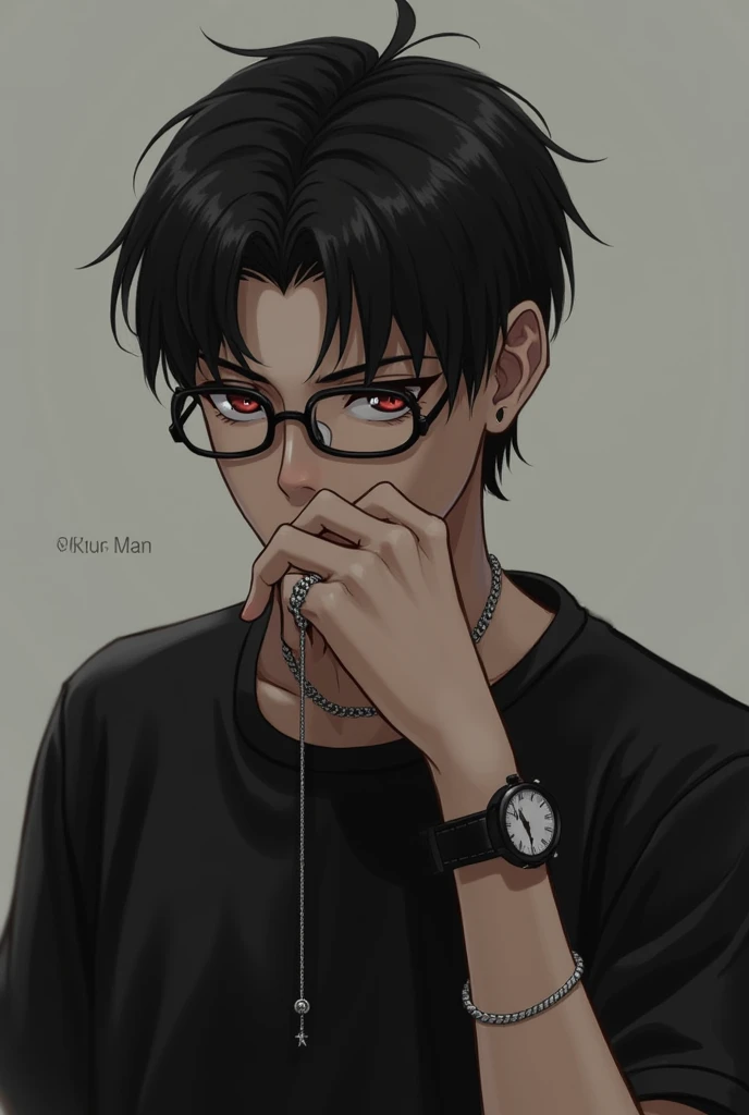 1 guy, blue eyes, black hair, wears glasses, a lot of scars on his face, long hair disheveled, male build, looks at the viewer, upper body, angry face, rage, smoke, dressed in a black T-shirt, chains on his hands, black pants, black background, blood on clothes, blood on cheek, shadowed face, detailed, beautiful, delicate tones