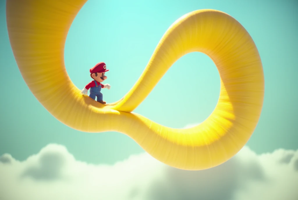 3D animation, surrealism, image of an endless corridor, game, Super Mario Bros., little Mario walking on a Moebius strip made of a big yellow ribbon, the Moebius strip is floating in the air, the ribbon is twisted seamlessly and connected in the shape of an infinity, the background is pale blue, the atmosphere is bright.