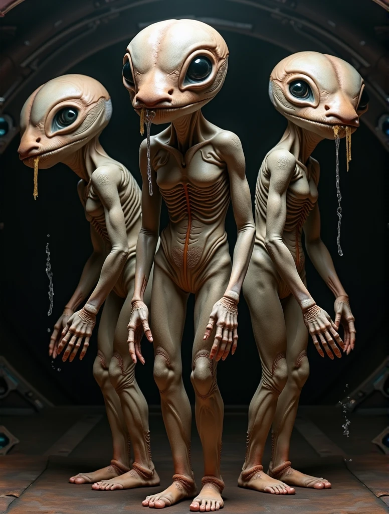 (((Masterpiece))), (high quality),(one alien girl:1.2), ,(innocent smile),(big light black eyes:1.5),5 heads,(Skinhead,Gray aliens,Large, dark, almond-shaped eyes,:1.5),(No hair, no whites, no ears:1.5),Wearing a silver body-fitting suit,Plain background,from below