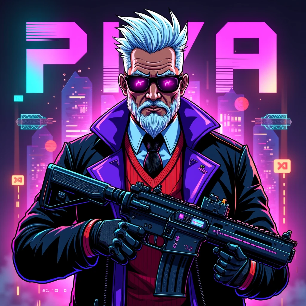 ((Masterpiece)), ((ultra-detailed)), ((vibrant neon glow)), ((cyberpunk style:1.2)) — A **semi-realistic cyberpunk-style illustration** featuring a **charismatic older male character** inspired by **PIVA**, a **futuristic soldier**. He has **spiked white hair**, a **neatly groomed beard**, and wears **stylish black sunglasses** over a **cyber-enhanced helmet with glowing optics**. His attire combines a **high-collared jacket with purple neon trim**, a **red sweater vest**, and a **formal tie**, alongside **intricate tech circuitry patterns** subtly embedded in his outfit.  

The character holds a sleek, **sci-fi weapon** with **digital HUD displays**, exuding confidence in a **slightly turned upper-body pose**. Surrounding him is a **dynamic holographic background** with **glitch effects**, **neon-drenched cityscapes**, and **pulsating tech grids**, enriched by a vivid cyberpunk color palette of **electric blues, neon purples, vivid greens, and fiery oranges**.  

The composition integrates **Cs-themed elements**, such as pixelated crosshairs, stylized kill streak symbols, and bold **“PIVA” typography** in the upper frame. Vibrant holographic overlays and shifting hues add depth and intensity, blending **semi-realism** with **stylized aesthetics**.  

The design highlights **PIVA's charisma**, merging a sophisticated cyberpunk aesthetic with the energy of **gaming culture**. It’s a balance of **futuristic technology, glowing neon details**, and **commanding presence**, perfect for **stickers or vibrant digital illustrations**.  

**(cyberpunk Piva, charismatic character, futuristic soldier, holographic effects, glitch designs, neon glow, sci-fi weapon, electric colors, Cs-themed, gaming culture, vibrant portrait, high-tech aesthetic, dynamic composition)**  