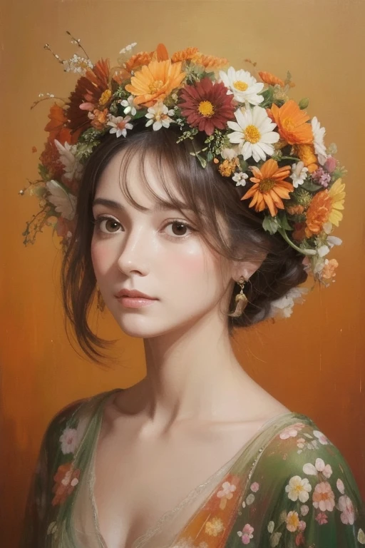  A woman with a flower on her head is an acrylic painting, In the style of Lucy Glendinning, ,  organic and natural composition in the style of Lucy Glendinning, Floral Explosion, Ferris Pick, Light orange and brown, Calm face --ar 3:4 -