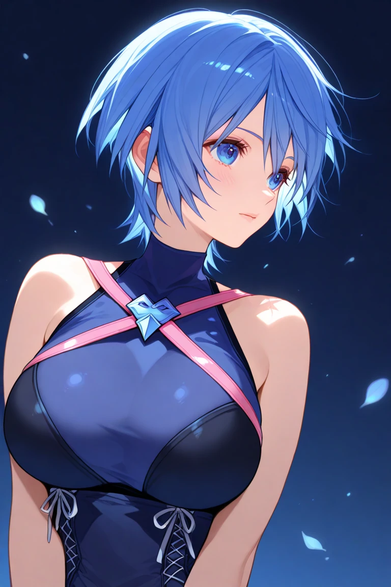  Kingdom Hearts、(((Aqua)))、 from the side 1 girl 、((Blue Hair))、 short hair 、Big Breasts、whole body