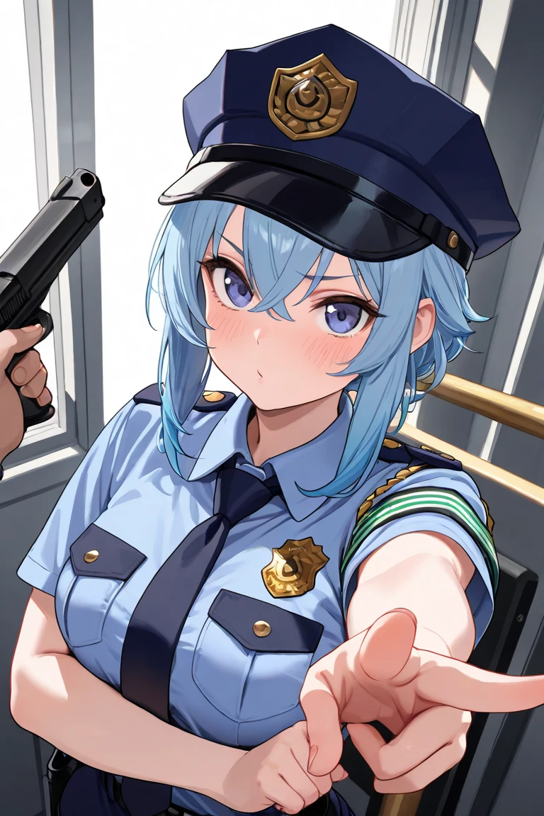 Cyberpunk Armed Girl,Blue Uniform,No panties,vagina,Pussy,Background crowd people inside train,mass of people,Pissing, pissing, pissing, dripping pussy juice,Firing a Gatling gun at the viewer,Long twin tails,cute,belly button,Squatting, spreading legs
