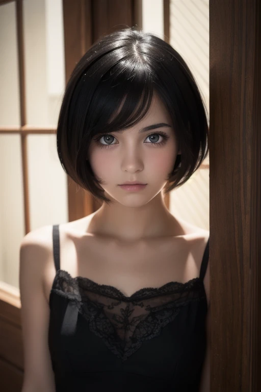  high resolution, masterpiece,  Luca Saracina,  shorthair ,  black hair, (Alone),  One Girl ,  cute,  interior ,   detailed eyes , ( dark eyes)