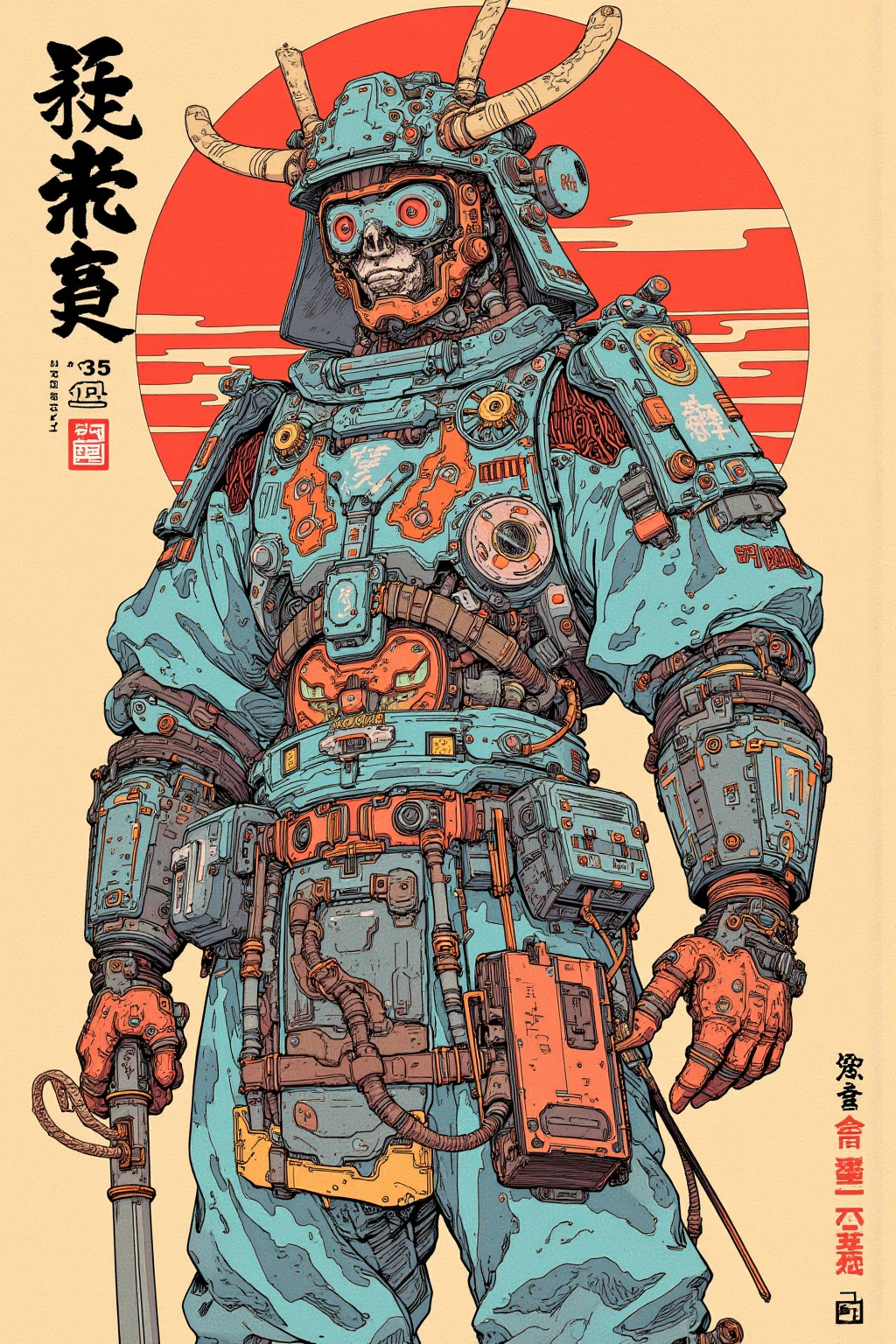 There is a picture of a cyberpunk samurai ,   this is a picture with super fine details inspired by Utagawa Kuniyoshi,  Ukiyo-e, Nichos  art aesthetic, Shiro Masamune style ,  Biomechanical Details ,  Hyper Detailed Illustration ,  a mixture of anime samurai and cyberpunk organic matter ,  detailed steampunk illustration, Nichos ,  detailed cyberpunk samurai animated illustration ,松の木