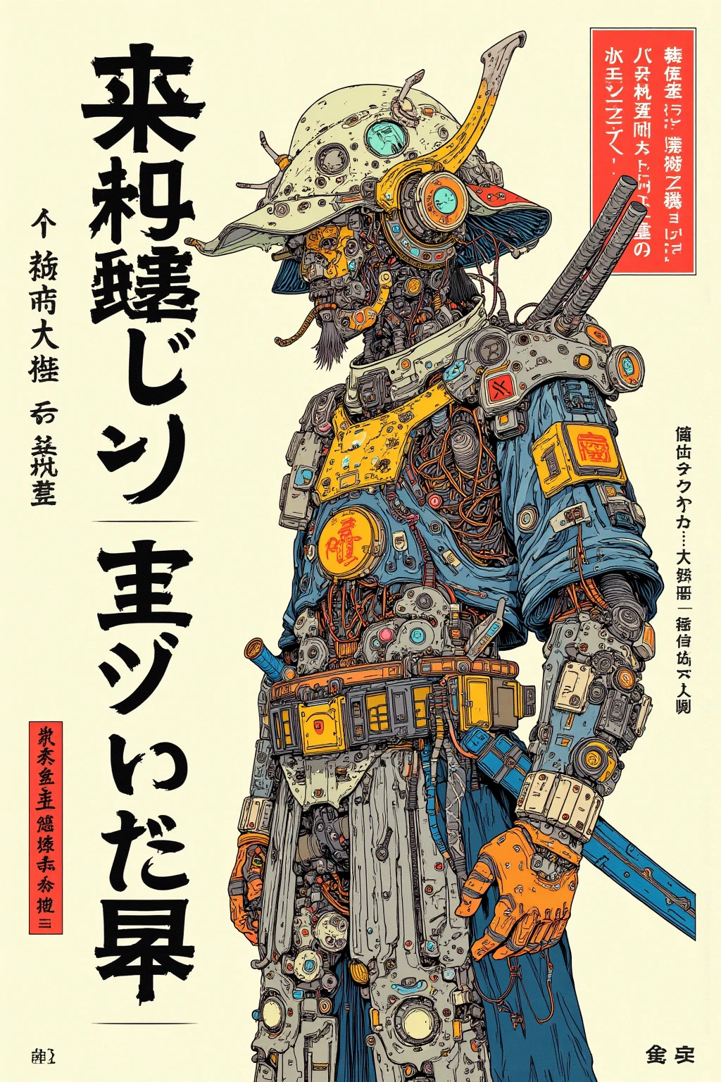 There is a picture of a cyberpunk samurai ,   this is a picture with super fine details inspired by Utagawa Kuniyoshi,  Ukiyo-e, Nichos  art aesthetic, Shiro Masamune style ,  Biomechanical Details ,  Hyper Detailed Illustration ,  a mixture of anime samurai and cyberpunk organic matter ,  detailed steampunk illustration, Nichos ,  detailed cyberpunk samurai animated illustration ,松の木