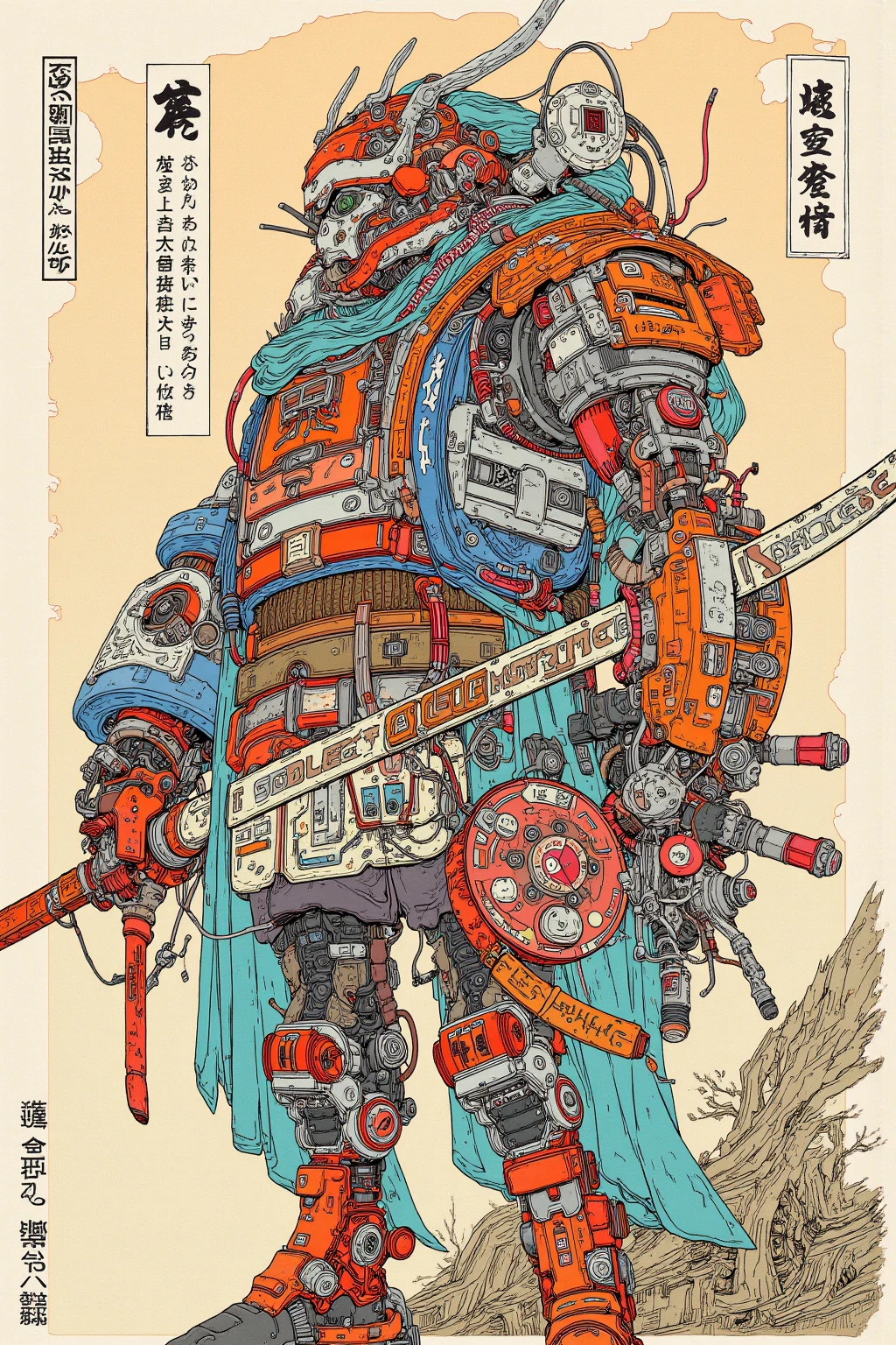 There is a picture of a cyberpunk samurai ,   this is a picture with super fine details inspired by Utagawa Kuniyoshi,  Ukiyo-e, Nichos  art aesthetic, Shiro Masamune style ,  Biomechanical Details ,  Hyper Detailed Illustration ,  a mixture of anime samurai and cyberpunk organic matter ,  detailed steampunk illustration, Nichos ,  detailed cyberpunk samurai animated illustration ,松の木