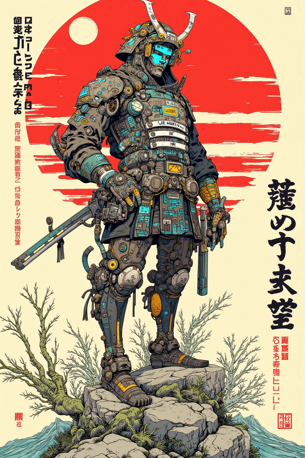 There is a picture of a cyberpunk samurai ,   this is a picture with super fine details inspired by Utagawa Kuniyoshi,  Ukiyo-e, Nichos  art aesthetic, Shiro Masamune style ,  Biomechanical Details ,  Hyper Detailed Illustration ,  a mixture of anime samurai and cyberpunk organic matter ,  detailed steampunk illustration, Nichos ,  detailed cyberpunk samurai animated illustration ,松の木