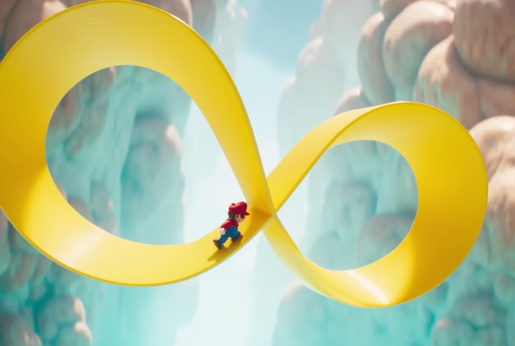 3D animation, surrealism, image of an endless corridor, game, Super Mario Bros., little Mario walking on a Moebius strip made of a big yellow ribbon, the Moebius strip is floating in the air, the ribbon is twisted seamlessly and connected in the shape of an infinity, the background is pale blue, the atmosphere is bright.