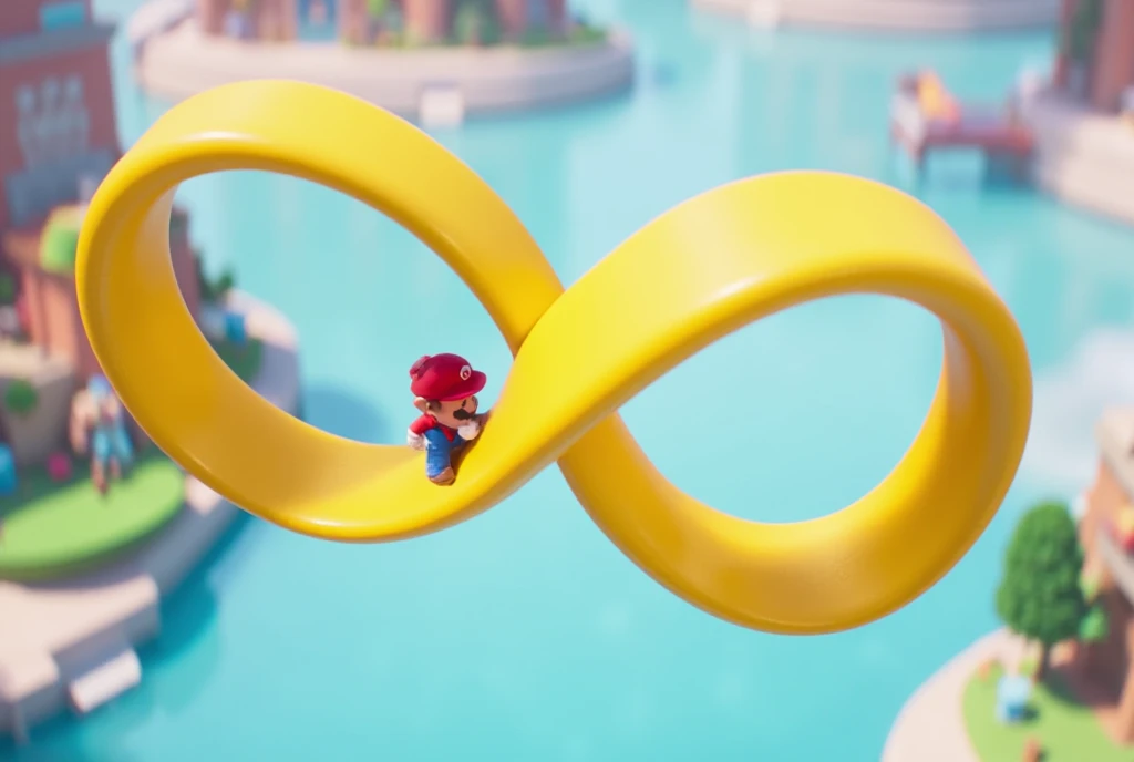 3D animation, surrealism, image of an endless corridor, game, Super Mario Bros., little Mario walking on a Moebius strip made of a big yellow ribbon, the Moebius strip is floating in the air, the ribbon is twisted seamlessly and connected in the shape of an infinity, the background is pale blue, the atmosphere is bright.