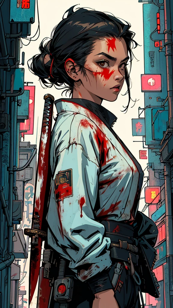 (((Top Quality Masterpiece ))),(((solo:1.2))),((( 1 woman :1.2))),Retro Vintage,(((Cyberpunk with a Japanese sword))),((( Return Blood))),(((The background is overwhelmingly absolutely simple)))