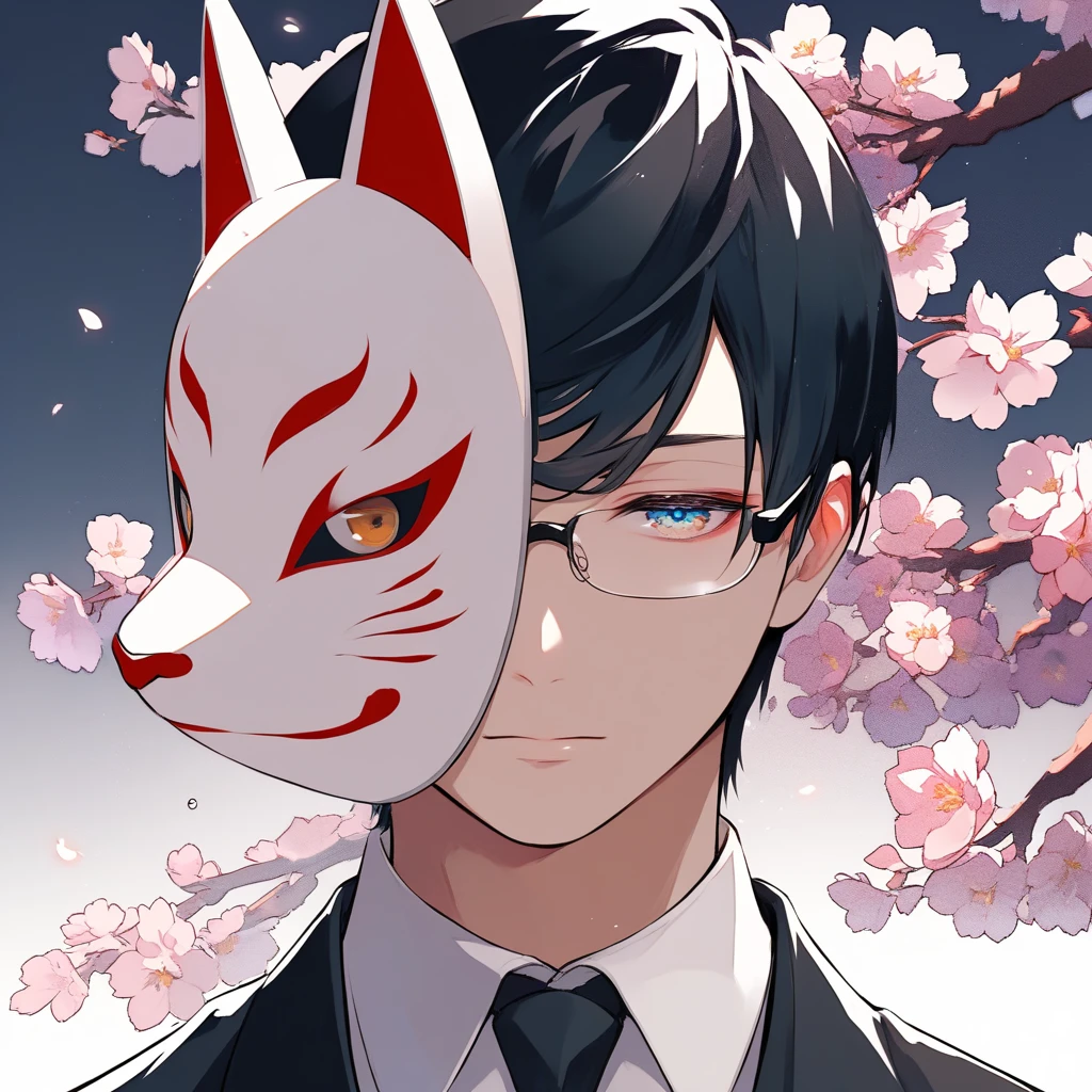 1boy, solo, portrait, black hair, swept bangs, rimless eyewear, black necktie, black jacket, white shirt, fox mask, cover your face with a mask, cherry blossoms, white fox on the background, half-closed eyes, contrast, professional quality, high resolution, high quality, [[multicolored eyes<reflection]], [[multicolored eyes<glass-like watercolor painting]], delicate writing,