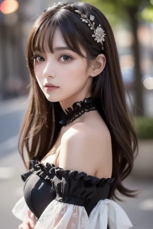 One Girl, (A beauty girl, Delicate girl:1.3), (:1.3),
break, (Gothicta, Frills, race:1.3),
break, Very fine grain definition, (Symmetrical eyes:1.3),
break, (Street view:1.3),
break, Small breasts, Brown eyes, Parted bangs, Brown Hair,  ,
break, (Eye and facial details:1.0),
break, (masterpiece, Highest quality, Super detailed, Detailed face, 8k)