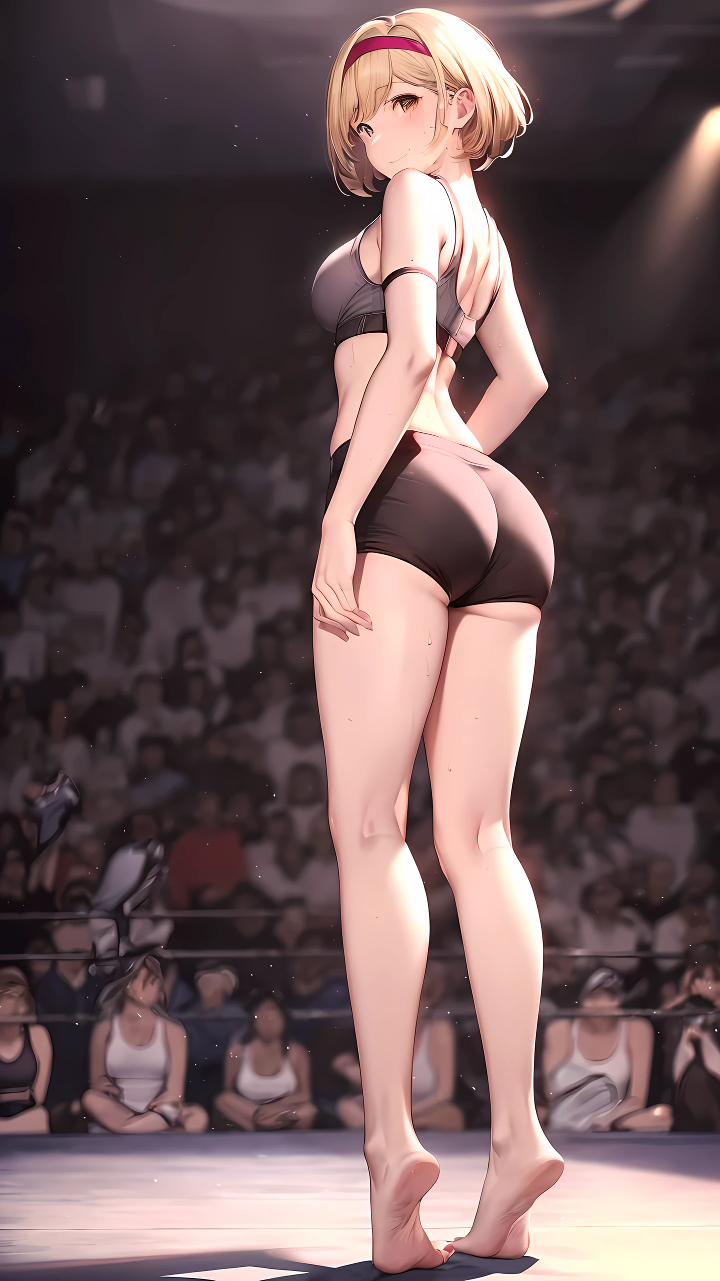 ((masterpiece, best quality)), A brown haired Japanese woman in white bra and white granny panties, a buff blonde Norwegian woman in blue bra and blue granny panties, a curvy red-haired Latina in grey sweater and pink granny panties, standing on stage, realistic art style, intricate details