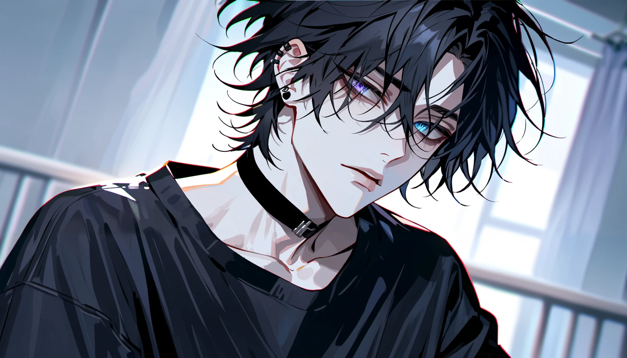 impasto, short hair, masterpiece, best quality, 1 man , black hair , messy hair, perfect face , black eye , handsome male , Alone, pale skin , adult male , upper body , delicate line drawing, Extremely detailed, black choker, black shirt, ear piercings, ((hospital room background, detailed eyes, dynamic angle))