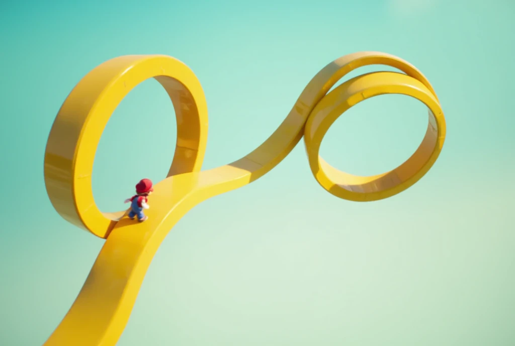 3D animation, surrealism, image of an endless corridor, game, Super Mario Bros., little Mario walking on a Moebius strip made of a big yellow ribbon, the Moebius strip is floating in the air, the ribbon is twisted seamlessly and connected in the shape of an infinity, the background is pale blue, the atmosphere is bright.