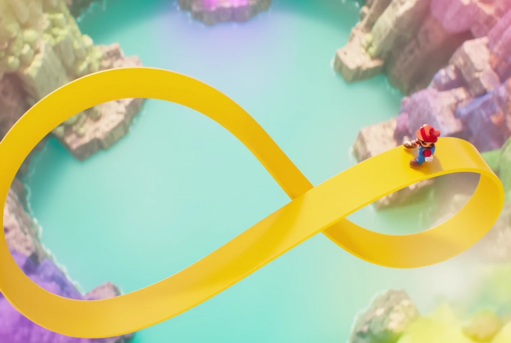 3D animation, surrealism, image of an endless corridor, game, Super Mario Bros., little Mario walking on a Moebius strip made of a big yellow ribbon, the Moebius strip is floating in the air, the ribbon is twisted seamlessly and connected in the shape of an infinity, the background is pale blue, the atmosphere is bright.