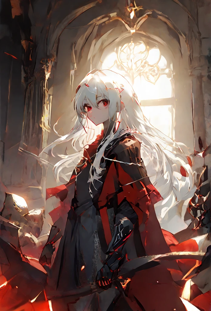   1girl, red eyes, solo, long hair, armor, looking at viewer, white hair, closed mouth, bangs, gauntlets, hair between eyes, from side, shoulder armor, cape, red cape, dress, armored dress, standing, indoors