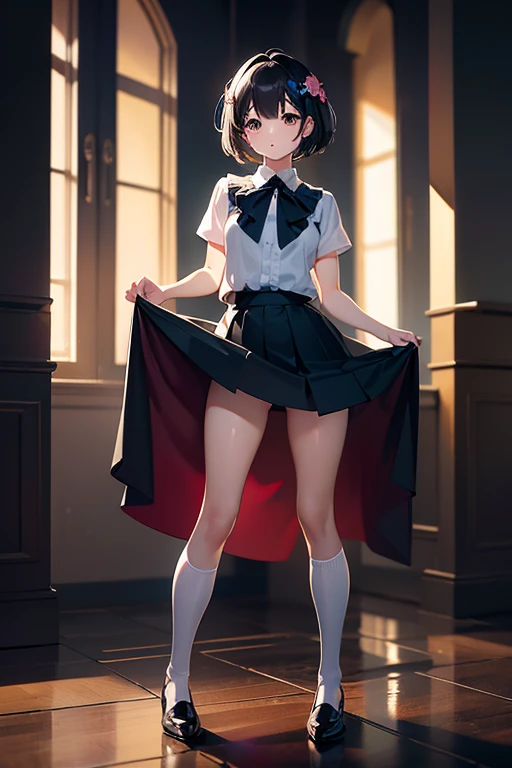 girl with short black hair with red eyes and wearing a white shirt and a skirt showing her huge ass to the camera