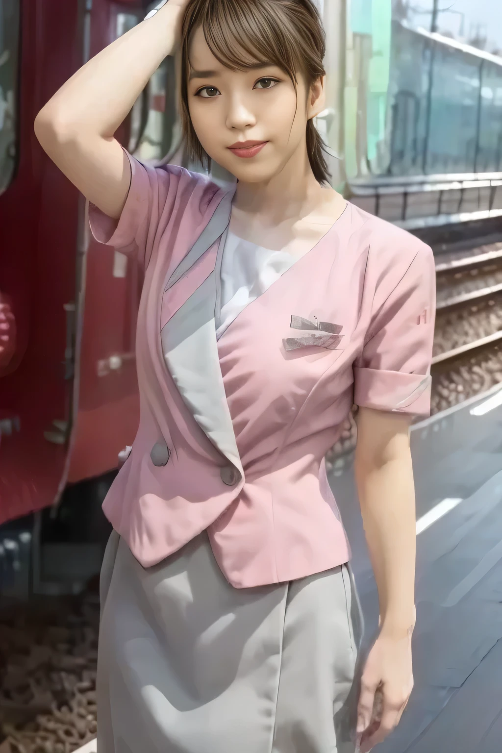 (Masterpiece:1.2, best quality :1.2), 32kHDR, there's nothing there, (Alone、 1 girl)、( On the roof of the building during the daytime 、 professional lights )、 against the roof of a building 、( Nankai train crew uniform pinkのリアルスタイル )、(( Nankai train crew uniform pink short sleeve jacket ))、((Nankai train crew uniform pink short sleeve collarless blouse ))、((Nankai train crew uniform pinkのグレーのラップキュロットスカート))、 dark brown hair 、( hair gathered、 hair bang、 hair bang)、 dark brown hair 、 long hit 、Big Breasted 、Thin legs、(( Amazing hands :2.0)),(( harmonious body proportions :1.5)),((Normal limbs:2.0)),((The usual :2.0)),(( Delicate eyes full of determination :2.0)),((Normal eyes:2.0)))、smile 、Hands crossed underneath