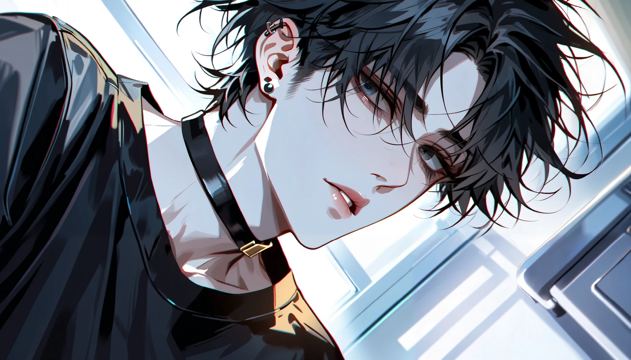 impasto, short hair, masterpiece, best quality, 1 man , black hair , messy hair, perfect face , handsome male , Alone, pale skin , adult male , upper body , delicate line drawing, Extremely detailed, black choker, black shirt, ear piercings, ((hospital room background, detailed eyes, black eyes, dynamic angle))
