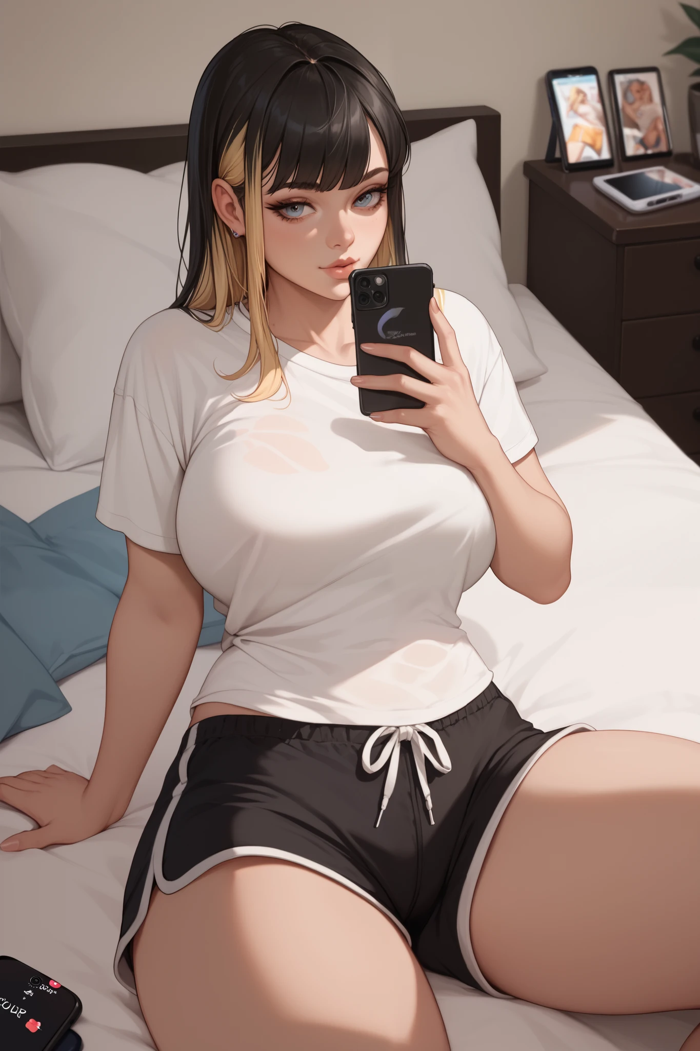 1 girl, black hair with blonde highlights, bangs, voluptuous, loose white t-shirt, showing shoulder, black tight dolphin shorts, messing with the cell phone, bed, bedroom dark illuminated by the cell phone screen