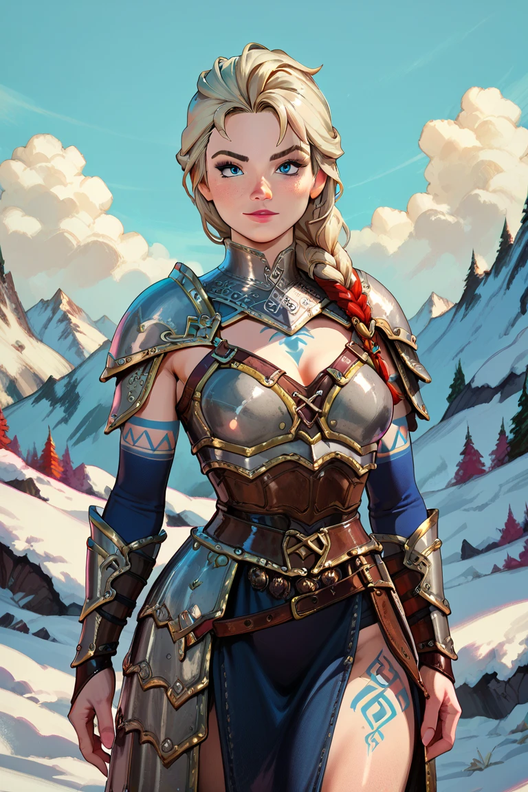 (female human), frozen land, snow, viking warrior, Nordic clothing, leather armor, animal clothing, body tattoo, ancient Nordic city, medieval fantasy, full armor, scars