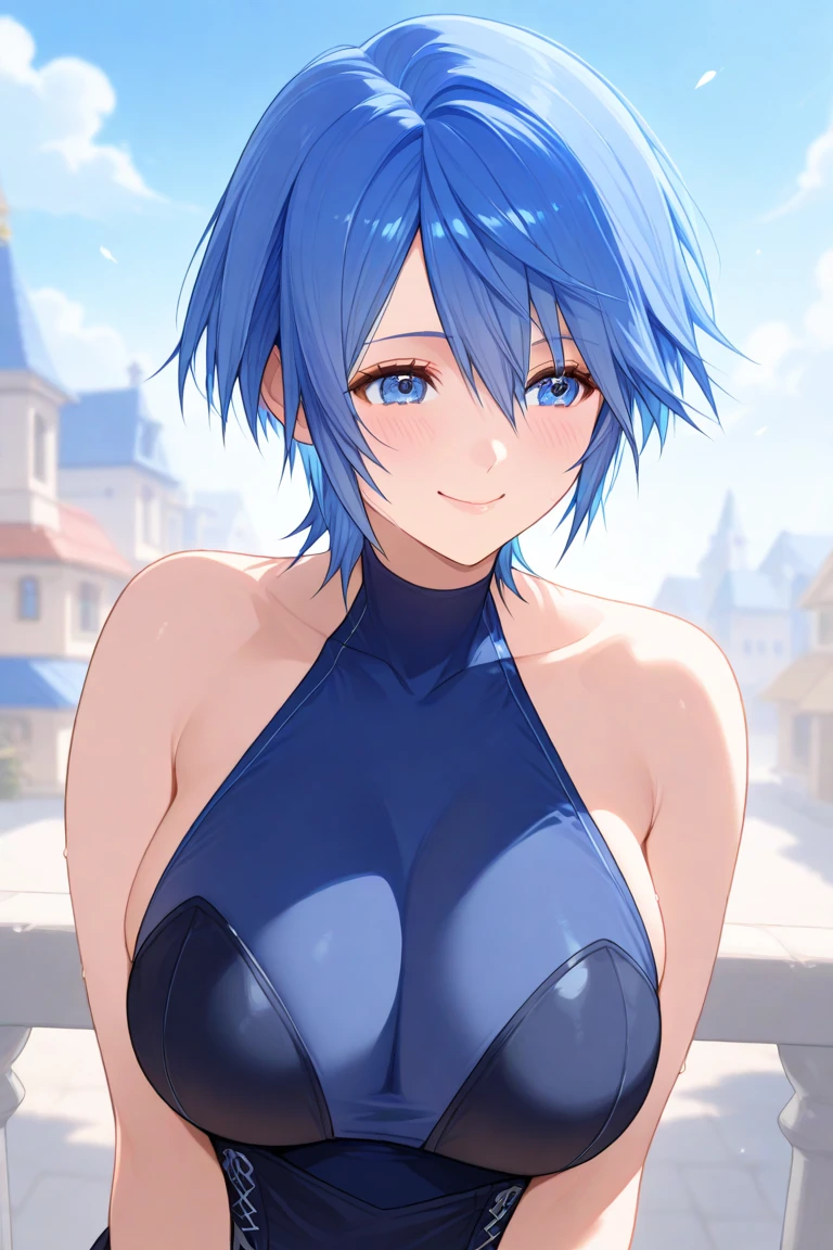  Kingdom Hearts、(((Aqua)))、((whole body))、 from the side 1 girl 、((Blue Hair))、 short hair 、Big Breasts、Happy face、town