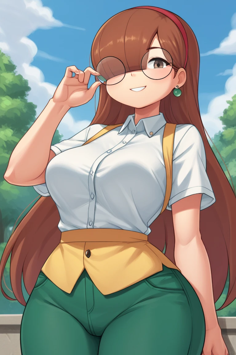 score_9, score_8_up, score_7_up, score_6_up, score_5_up, score_4_up, 1girl, solo, rating_explicit, source_cartoon, Emma_Donchibi_Style, red-brown hair, hair over eyes, blunt bangs,
black-framed eyewear, brown eyes, circular rim glasses, round eyewear, hair over one eye, long hair hairband, earrings, white shirt, collared shirt, yellow vest, short sleeves, green pants, perfectly round breasts, wide hips, 
beautiful, sexy, cute, medium breasts, looking at viewer, standing, outdoors, forest, blue sky, clouds, dynamic angle, smile, fca style, half body, eyebrows