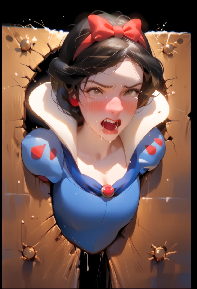 Disney&#39;s Snow White, from side, hands behind back, cara ahegao, cries,  closed mouth , Show , blushing,dress , struggle get out stuck in hole (Commission in wall), stuck in a wall.  realistic photo.