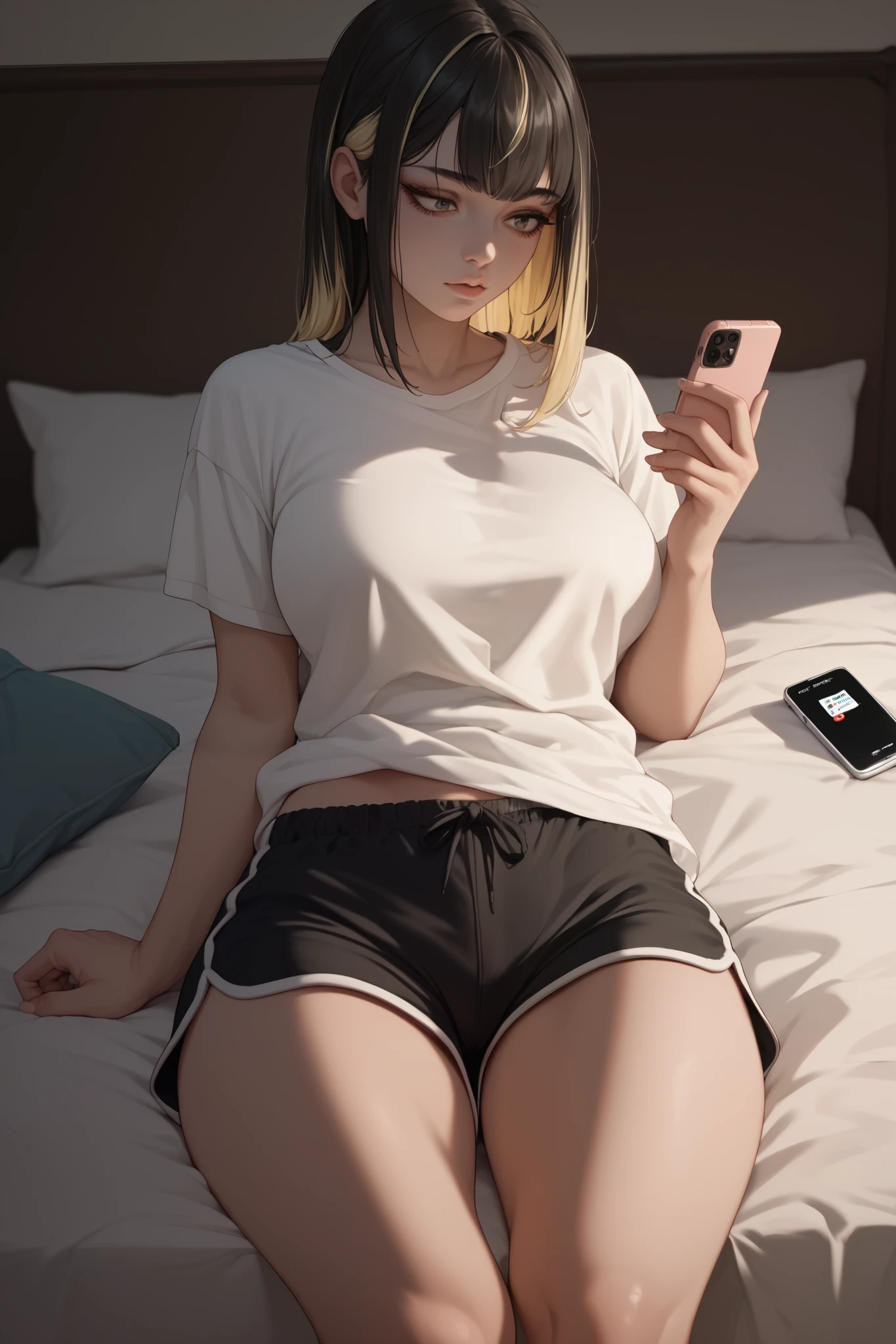 1 girl, black hair with blonde highlights, bangs, voluptuous, loose white t-shirt, showing shoulder, black tight dolphin shorts, messing with the cell phone, bed, bedroom dark illuminated by the cell phone screen