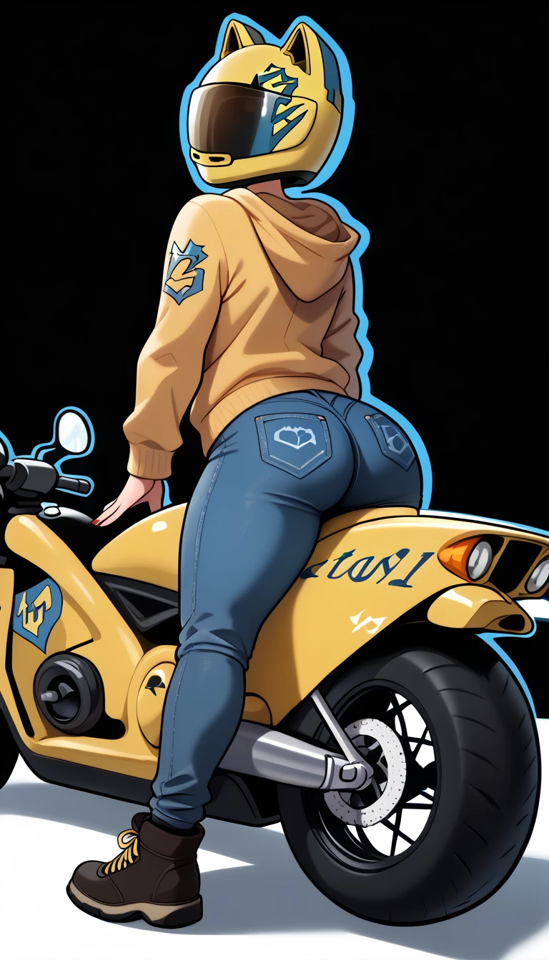 Girl, female, big ass, ass, thick thighs, no face, faceless, hair, blushing, blush, freckles, simple background, dark background, masterpiece, 4k quality, highest quality, best quality, far from viewer, highlighted character, back view, ass focus, smile, smiling, horny, insanely horny, nymphomaniac, yellow motorcycle helmet, tinted motorcycle helmet, zipper hoodie, unziped hoodie, hoodie, full body, taking off pants, motorcycle, 