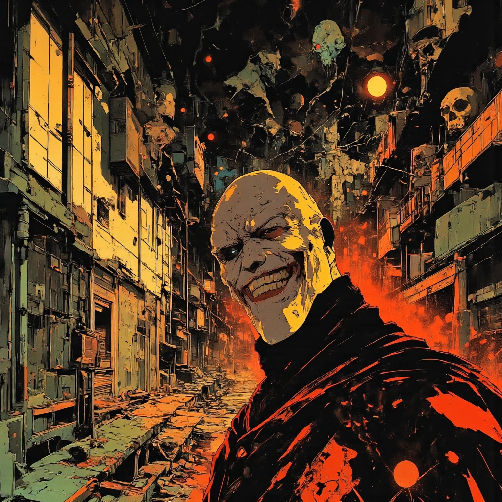 surreal horror, phantom of the opera motive , anime style, directed by Junji Ito, high contrast, vivid colors, eerie atmosphere, psychological tension, intricate line work, nightmarish creatures ,maN ON CHILL SMILING AND LAUGHING , mental ghosts of crimes