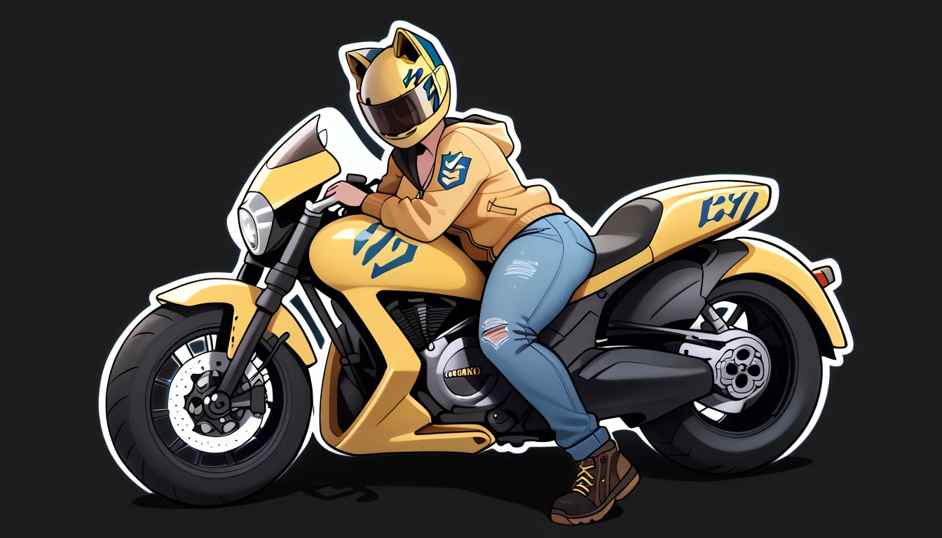 Girl, female, big ass, ass, thick thighs, no face, faceless, hair, blushing, blush, freckles, simple background, dark background, masterpiece, 4k quality, highest quality, best quality, far from viewer, highlighted character, front view, smile, smiling, horny, insanely horny, nymphomaniac, yellow motorcycle helmet, tinted motorcycle helmet, zipper hoodie, unziped hoodie, hoodie, full body, taking off pants, cleavage, motorcycle, 