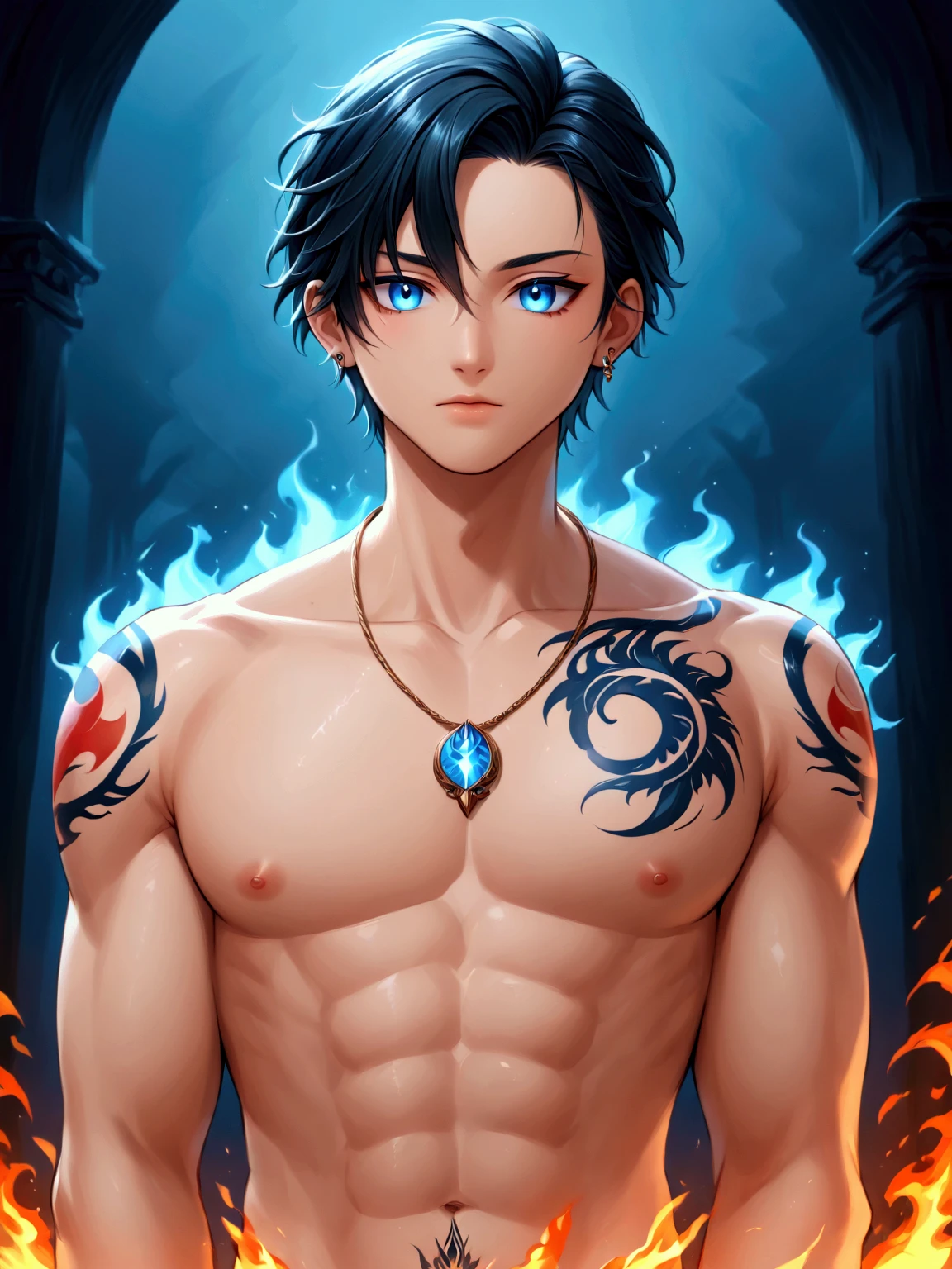 I want a male character with black hair that is a little pointed with a blue light coming out of his eye and shirtless with a tattoo on a necklace that says free fire on the pendant and free fire written in the background of the image. 