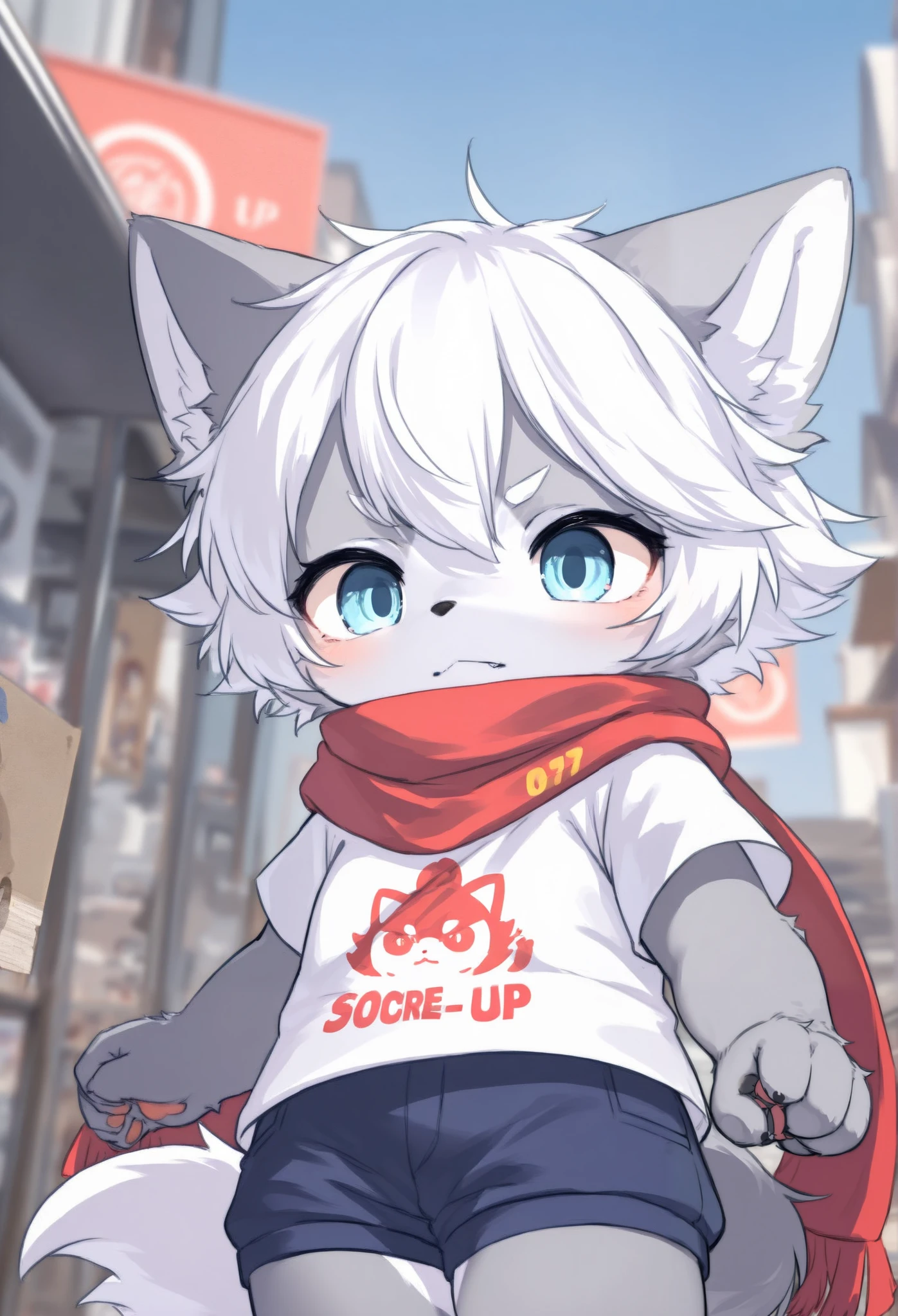  high quality work，Wolf Girl，furry girl， Female Toddler Characteristics ， white hair， grey skin， red scarf ， shorts，Short sleeve，