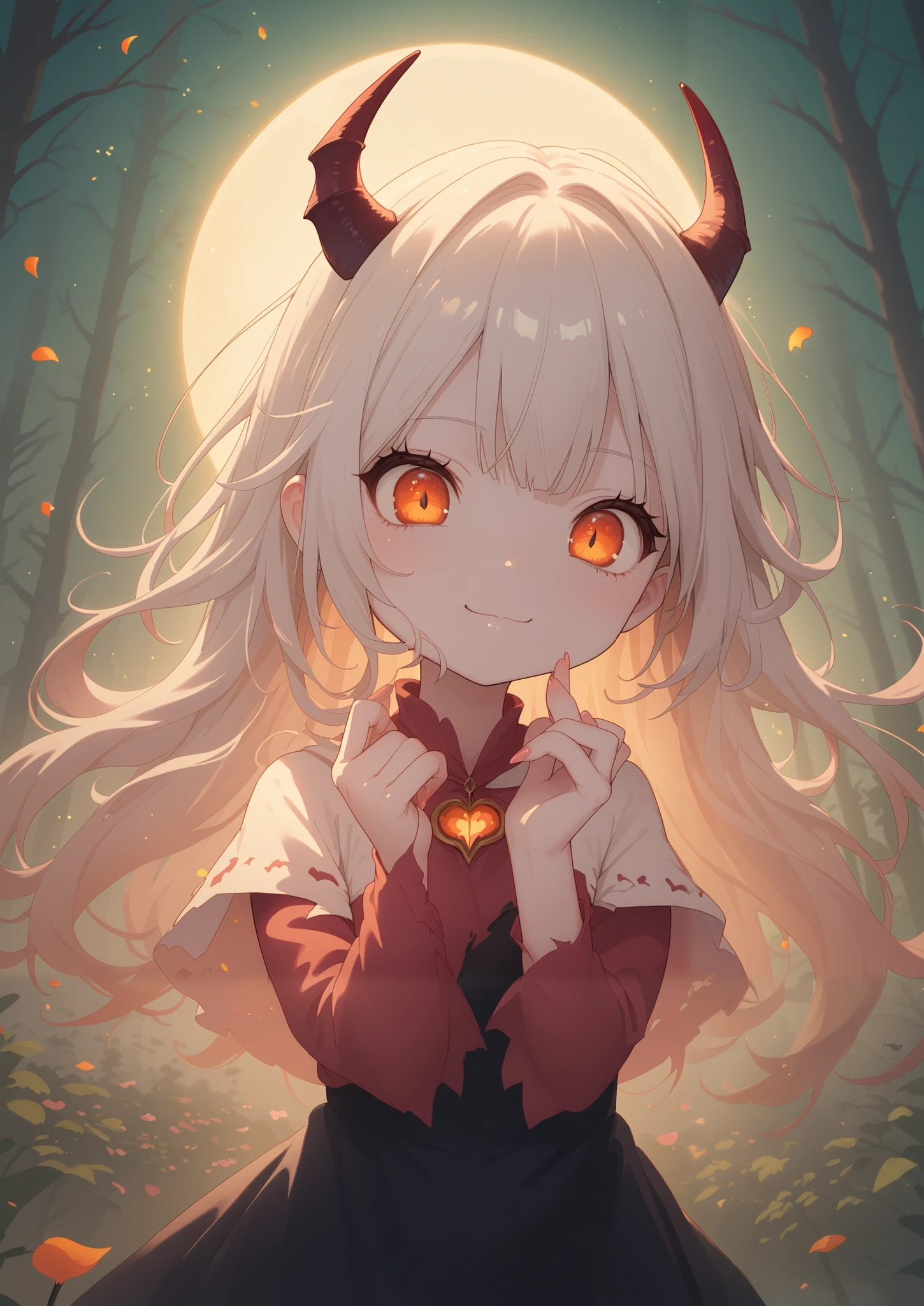 Hzk, score_9, score_8_up, score_7_up, score_6_up, score_5_up, score_4_up ,(Alone:1.7), kitsune, 1 girl \((devil:1.7),cute, big eyes, white skin,青 white skin, Evil Smiles ,Long nails, orange eyes ,( Look Down:1.3), capelet\((Very large:1.5),(Very long:1.3),(black),Torn\)\), break ,Feeling refreshed,( petals\( colorful ,beautiful,In the air,(Many)\):1.5),(dead tree),(close-up of girl),beautiful moon