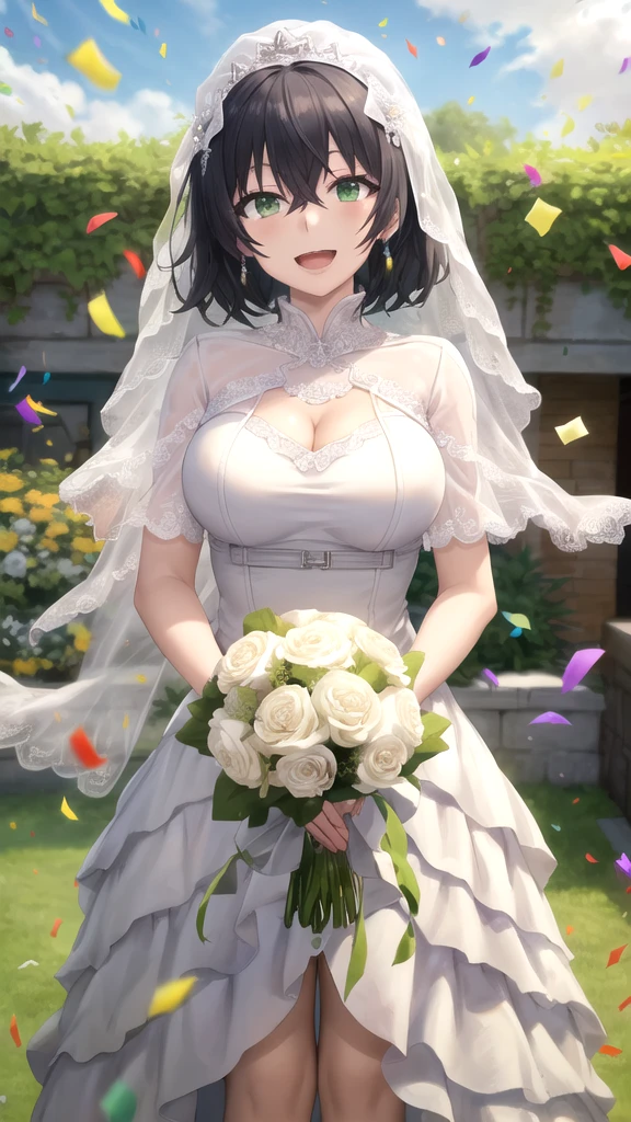 Masterpieces, Best Quality, looking at viewer, girl, solo, naofumi_iwatani, black hair, green eyes, short hair, hair between eyes, large breasts, wedding Dress, standing, garden, confetti, holding bouquet, smile, open mouth