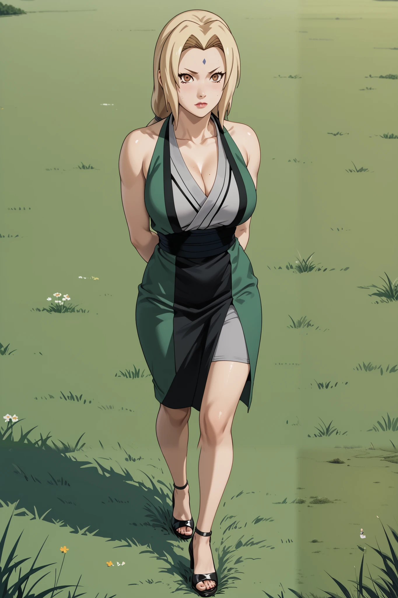 Masterpiece, extremely detailed,4k,solo,1girl,Tsunade,full body,perfect slim body, stand up,ambarrased ,long legs ,perfect slim body,large breasts, ((kawai face)),embarassed ekspression, arms behind back, cowboy shoot,((grass)), front look
