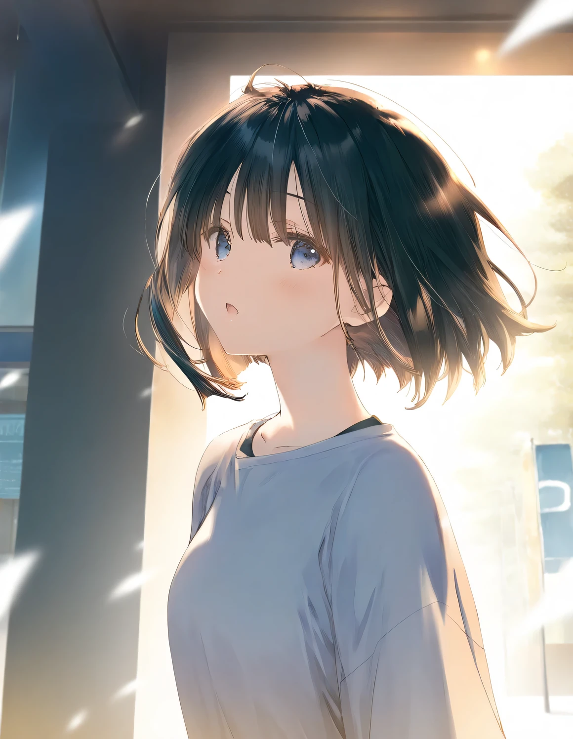 1girl, school, little female, black hair, short hair, bob cut, beautiful detailed eyes,open mouth, expressionless, outdoors,wind,fantasy, game CG, break,(artist:mitsumi_misato),artist:fujiyama,artist:kokonoka, break,(masterpiece), (best quality), (ultra-detailed),(Detailed Lighting), very aesthetic, newest, beauty illustration,super detailed skin, (masterpiece), (best quality), (ultra-detailed), very aesthetic lighting,newest ,hi res,absurd_res,shiny skin,2023, shaded,digital media (artwork), realistic lighting, 16k, 8k,highres, source_anime, official_art, photoshop_(medium)