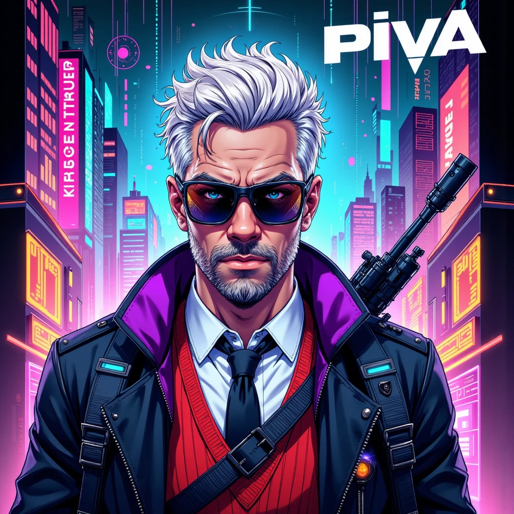 ((Masterpiece)), ((ultra-detailed)), ((vibrant neon glow)), ((cyberpunk style:1.2)) — A **semi-realistic cyberpunk-style illustration** featuring a **charismatic older male character** inspired by **PIVA**, a **futuristic soldier**. He has **spiked white hair**, a **neatly groomed beard**, and wears **stylish black sunglasses** over a **cyber-enhanced helmet with glowing optics**. His attire combines a **high-collared jacket with purple neon trim**, a **red sweater vest**, and a **formal tie**, alongside **intricate tech circuitry patterns** subtly embedded in his outfit.  

The character holds a sleek, **sci-fi weapon** with **digital HUD displays**, exuding confidence in a **slightly turned upper-body pose**. Surrounding him is a **dynamic holographic background** with **glitch effects**, **neon-drenched cityscapes**, and **pulsating tech grids**, enriched by a vivid cyberpunk color palette of **electric blues, neon purples, vivid greens, and fiery oranges**.  

The composition integrates **Cs-themed elements**, such as pixelated crosshairs, stylized kill streak symbols, and bold **“PIVA” typography** in the upper frame. Vibrant holographic overlays and shifting hues add depth and intensity, blending **semi-realism** with **stylized aesthetics**.  

The design highlights **PIVA's charisma**, merging a sophisticated cyberpunk aesthetic with the energy of **gaming culture**. It’s a balance of **futuristic technology, glowing neon details**, and **commanding presence**, perfect for **stickers or vibrant digital illustrations**.  

**(cyberpunk Piva, charismatic character, futuristic soldier, holographic effects, glitch designs, neon glow, sci-fi weapon, electric colors, Cs-themed, gaming culture, vibrant portrait, high-tech aesthetic, dynamic composition)**  