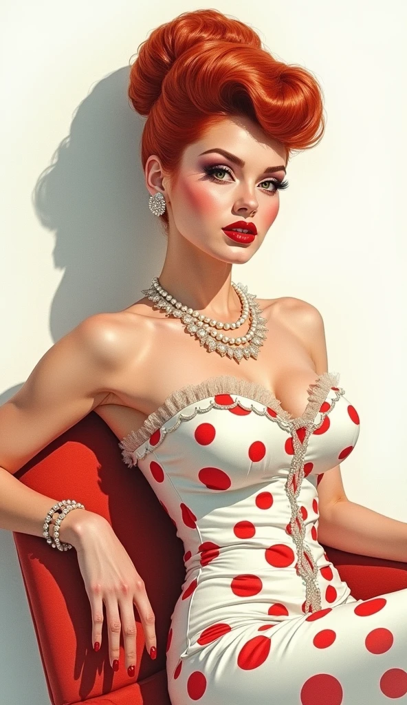 Portrait of a girl who is surprised with wide open eyes and surprised eyes, mouth in the shape of the letter o in pin-up style makeup and hairstyle, against a monochromatic studio background