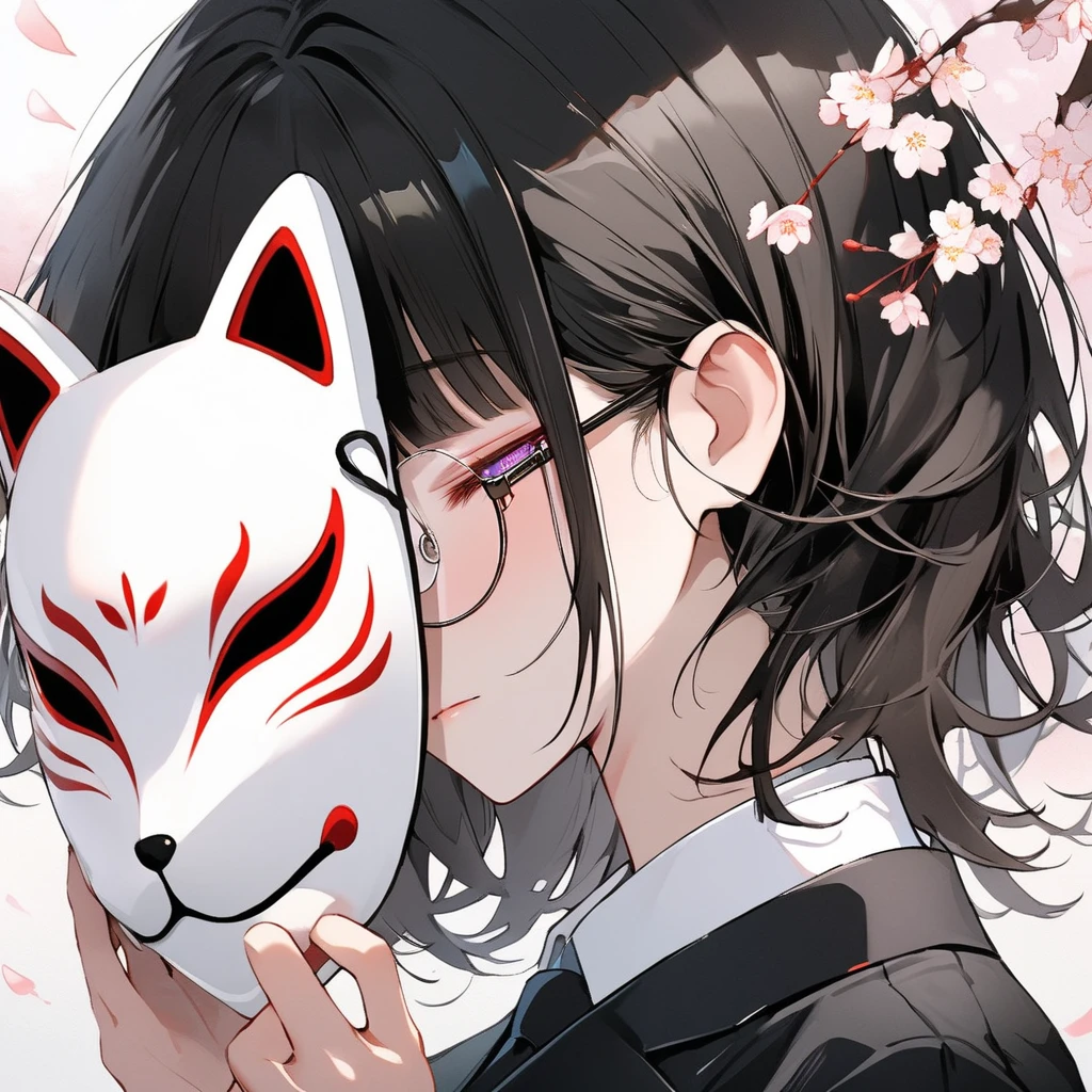  1 boy, Alone,  portrait,  black hair,  Swift Bangs ,  rimless eyewear,  black tie, black jacket,  white shirt, Fox Mask, Please cover your face with a mask ,  Cherry Blossom , White fox on background ,  with semi-closed eyes , Contrast,  PROFESSIONAL QUALITY,  high definition,  High Quality , [[  multi-colored eyes  < reflection ]], [[  multi-colored eyes  <  glassy watercolor painting ]], Delicate Sentence ,