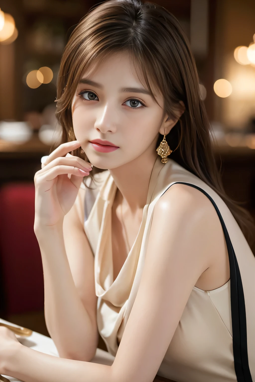 masterpiece, Highest quality, Realistic, Very detailed, Finer details, High resolution, 8k wallpaper, One beautiful woman, Wear a pretty colored silk shirt, In a great restaurant, At night, Light brown messy hair, Perfect dynamic composition, Beautiful and beautiful eyes、Big earrings、chest、Sleeveless shirt、