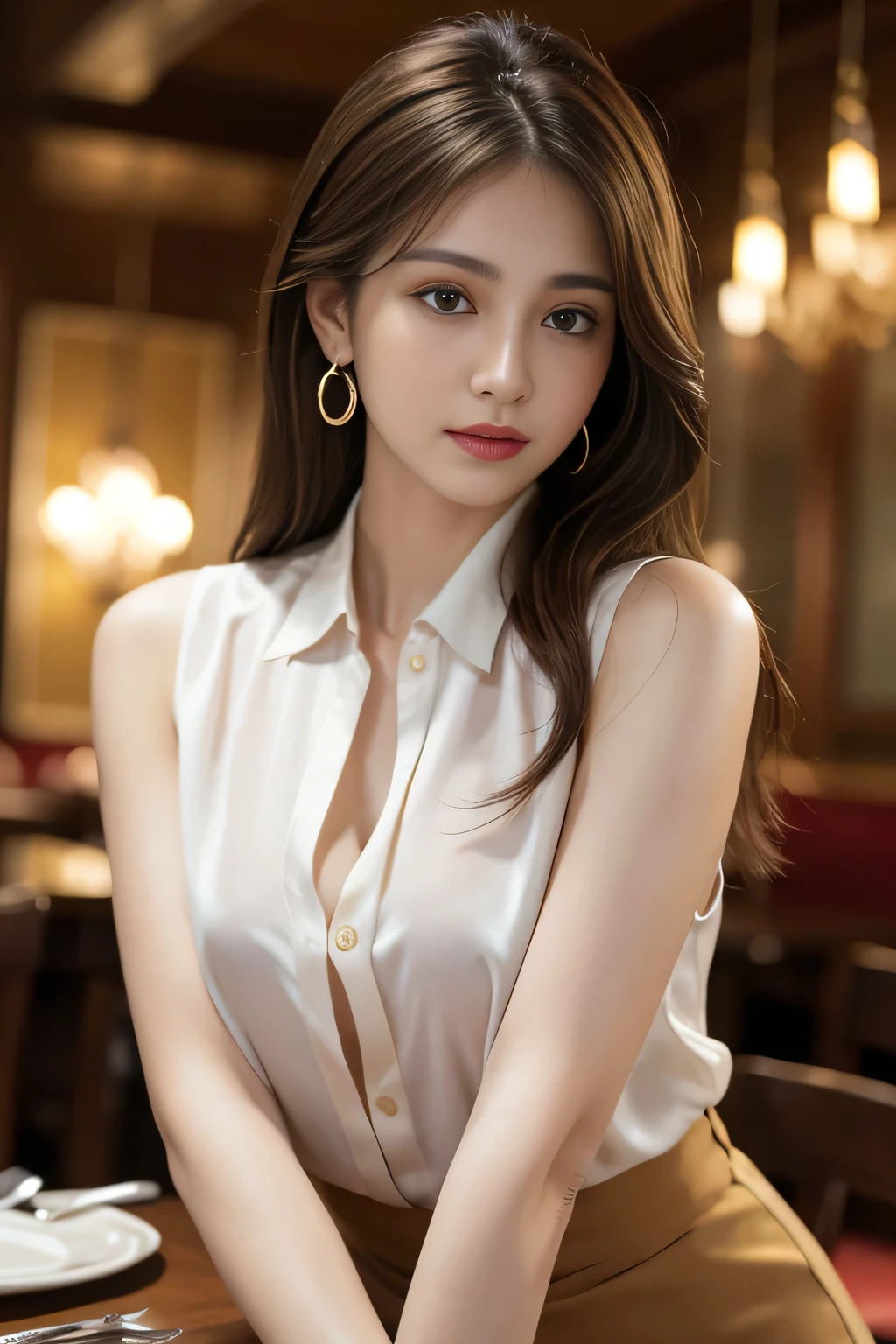 (best quality, 8k,32k,masterpiece, UHD:1.2),extremely detailed CG unity 8k wallpaper,intricate details,Raw photo,(photorealistic:1.4),atmosphere,ultra high res,Realistic,Real,Huge_filesize,incredibly absurdres,(centered:1.3),Ultra illustration,(ultra-detailed),cinematic lighting,various colors,depth of field,art by krenz cushart,golden hour lighting,taken by Canon EOS,SIGMA Art Lens 35mm F1.4,ISO 200 Shutter Speed 2000,blurry background,
BREAK,
1girl,(smile:1.3),slim body,(long straighthair:1.4),solo,20-year-old Japanese beautiful woman,(aquarium blue blouse:1.5),(light brown hair:1.5),((brown eyes)),Large breasts,chest, Soft white skin that shines with every detail,pale skin,Very beautiful face,Very well-formed face,Natural and realistic face,Best,beautiful detailed eyes,striking eyes,Eyes drawn in detail, smile with your mouth closed,Detailed mouth,Detailed lips,shiny beautiful lips,Glossy lips,simple earrings,necklace,jewelry, solo focus,low neckline,
BREAK,
Back lighting,kool,Standing,
BREAK,
(Dutch angle:1.4),cowboy shot,looking at viewer,
BREAK,tzuyu,yui aragaki,