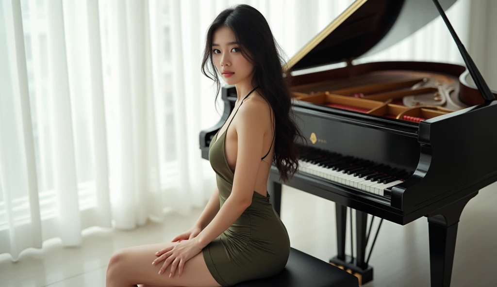 ((best quality)), ((masterpiece)), (detailed), perfect face, a beautiful Korean girl is playing a triangle piano, she wears formal black long dress. Long hair, light make-up., medium breast, determined eyes. The spot light is on the top of piano from upper left hand side. The background is the city hall in UK. 