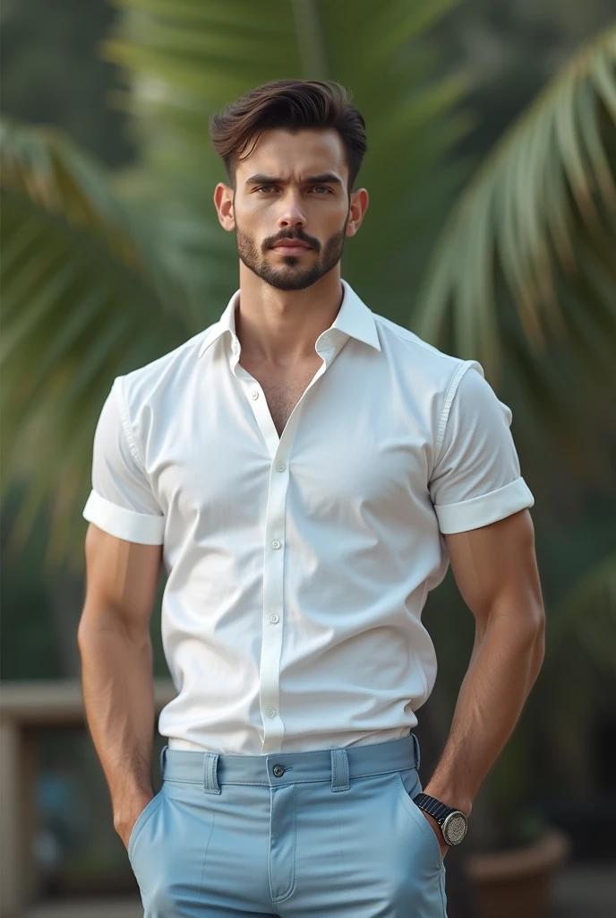 A sexy , handsome male model,with black hair,and brown eyes, he is wearing a casual unbuttoned white shirt,with folded arms, he is also wearing a innerwear under his shirt, but he is not wearing any pants, he has a very beautiful looking flaccid penis, he is looking at camera seductively with a smile