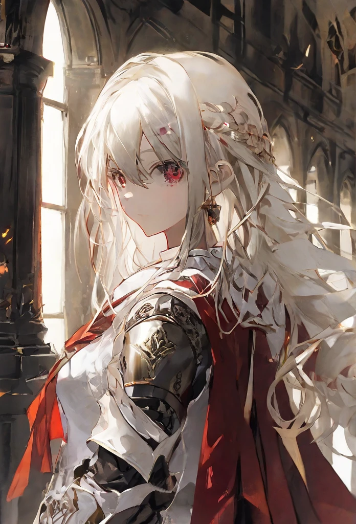   1girl, red eyes, solo, long hair, armor, looking at viewer, white hair, closed mouth, bangs, gauntlets, hair between eyes, from side, shoulder armor, cape, red cape, dress, armored dress, standing, indoors