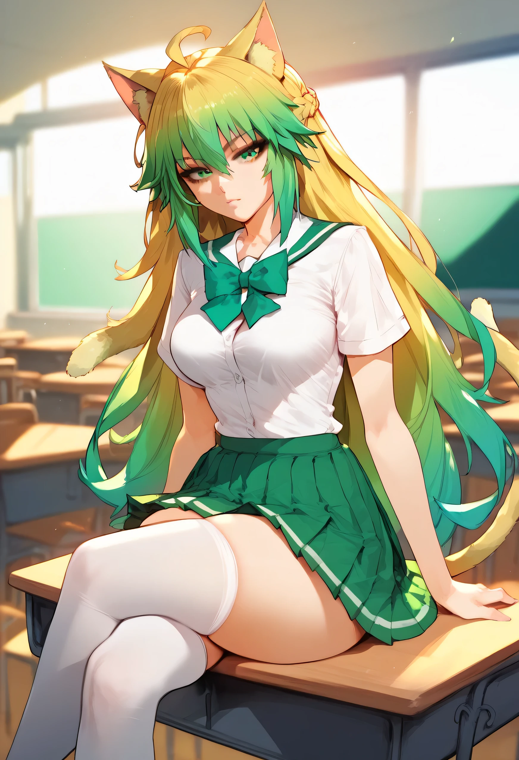 Anime Frau, big ass, long green hair, Pferdeschwanz, gelbe Augen, White shirt, green jacket, kurzer Rock, white panties, 8k, Beine spreizen, angry